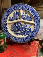 Front view showing blue and white divided platter design