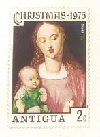 Front view of Antigua 1975 2-cent Christmas stamp showing design and denomination