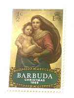 Front view of Barbuda Christmas 1969 1½c stamp showing artwork and denomination