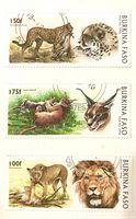 Four Burkina Faso wildlife stamps showing big cat illustrations and denominations