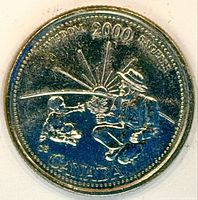 Reverse of 2000 Canada Wisdom quarter showing elderly man, child, maple leaf, sunrise and inscriptions