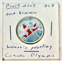 Reverse showing two female hockey players over red maple leaf, cardboard 2×2 holder annotations visible