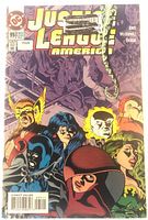 Front cover of Justice League America issue 95 comic with characters and library sticker visible