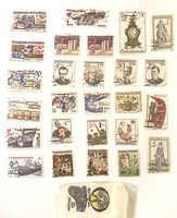 Group view of all mounted stamps and envelope