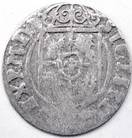 Obverse of the 1622 three Polker coin with quartered arms and legend