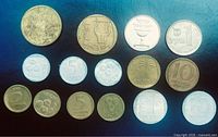 All fifteen Israeli coins arranged in three rows showing obverse designs and varying metal compositions