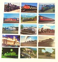 All fifteen railway-themed postcards laid out in grid view showing front images