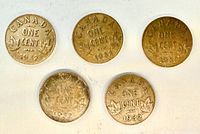 Reverse of five 1932 Canada one cent coins