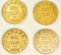 Reverse side of four 1933 Canada one-cent coins showing date and denomination