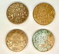 Reverse of four 1936 Canada one-cent coins