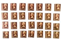 Array of 30 deep brown Hong Kong $2 stamps featuring Queen Elizabeth II with flowers