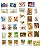 Sheet of Hungarian stamps with themes such as birds, motorcycles and artwork