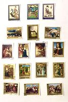 Sixteen Hungarian stamps with fine art reproductions, each postmarked.