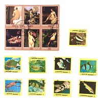 Overall view showing sheet of six art stamps, separate fish stamp, and ten additional fish stamps