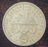Reverse of 1955 British Caribbean Territories Eastern Group fifty cent coin showing Britannia design