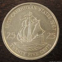Reverse of 1987 25 cent coin showing Golden Hind, legends and value