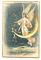 Front of postcard showing angel on crescent moon and German greeting