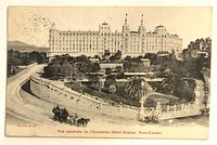 Front view of postcard showing Excelsior Hotel Regina and horse-drawn carriage