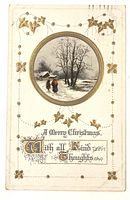 Front of embossed postcard showing winter scene and greeting text