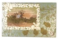 Front of postcard showing landscape, flower border, chicks, Easter Greetings text