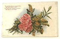 Front of postcard with embossed floral bouquet and poem