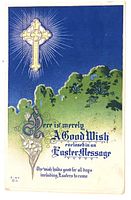 Front of postcard showing embossed cross, lily, printed greeting