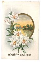 Front of postcard showing lilies, landscape inset and greeting