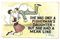 Front of postcard showing cartoon flapper fishing plaid-suited man and caption text