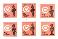 Six rose and black Polish 60-groszy commemorative stamps arranged in two rows of three
