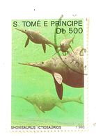 Front of 1993 São Tomé e Príncipe Db 500 Shonisaurus stamp