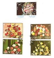 Front view of five Sharjah cancelled pictorial stamps (space satellite design and four different floral designs)