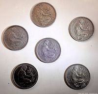 Obverse side of six coins showing woman planting sapling and dates