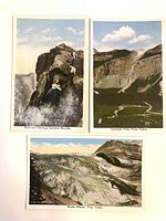 Fronts of three Octochrome postcards showing Takakkah Falls, Wapta Glacier, and mountain climbing scene