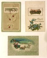 Fronts of three postcards showing illustrations and greetings