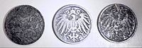 Obverse sides of three German Empire 10 Pfennig coins