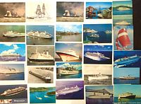 Fronts of 25 postcards showing various ships and harbors laid out in grid