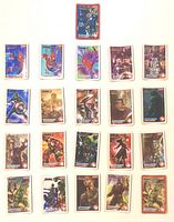 Front view of 21 trading cards laid out showing character artwork