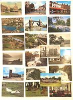 All twenty postcards laid out showing front images