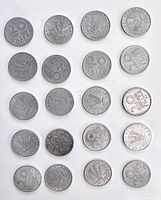 Twenty coins arranged obverse showing wheat stalks and dates