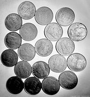 All twenty Belgian 1 franc coins obverse and reverse visible