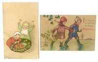 Fronts of both postcards showing baby wreath design and skating children design