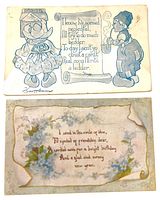 Fronts of both postcards showing Dutch children illustration and floral birthday design