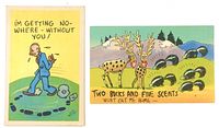 front images of both humorous postcards