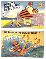 Fronts of both humour postcards showing cartoon beach scenes and captions