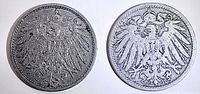 Obverse of both 10 Pfennig coins showing Imperial Eagle
