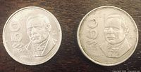 Obverse of both coins showing Juárez portrait, denominations, years 1985 and 1986