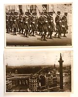 Fronts of both postcards showing Beefeaters march and Nelson’s Column scenes