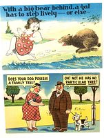 Fronts of both humour postcards showing bear and dog cartoons