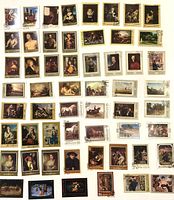 Full layout of approximately 60 USSR pictorial stamps depicting artwork, portraits, landscapes and horses, assorted denominations
