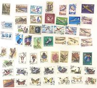 Overall view of approx. 50 USSR pictorial stamps laid out in rows